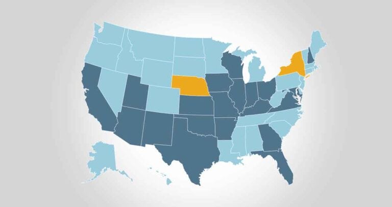 Map of the United States with states in varying shades of blue. Nebraska and New York are highlighted in orange, while other states are in light to dark blue. The background is a light gray gradient.