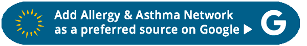 Blue button with text: "Add Allergy & Asthma Network as a preferred source on Google," a sunburst icon on the left, and a white Google "G" logo on the right.
