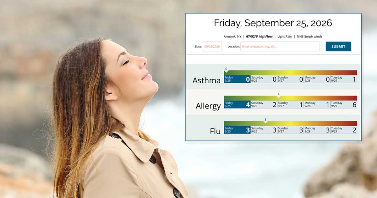 A woman breathes deeply outdoors. An inset shows a weather alert for Asthma, Allergy, and Flu levels in Amrock, NY for September 25, 2026, with color-coded risk levels for Friday through Monday.