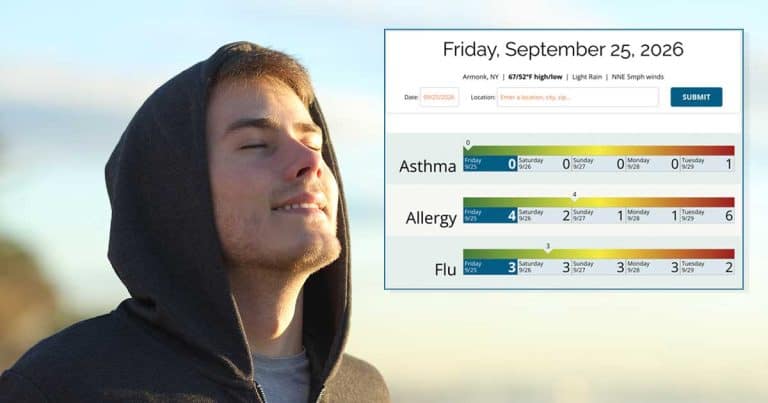 A person in a hoodie enjoys fresh air outdoors. An inset shows a weather and health forecast for asthma, allergy, and flu risks from Friday to Tuesday, with moderate to low risk levels on display for each day.
