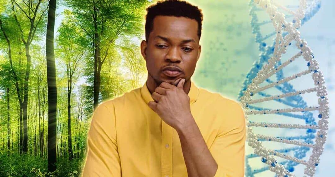 environment or genetics? environmental scene of forest and and DNA code on each side of a young black man