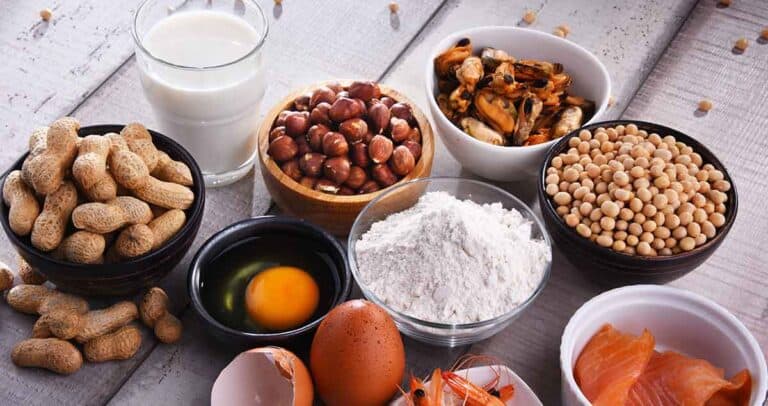 Composition with common food allergens including egg, milk, soya, peanuts, hazelnut, fish, seafood and wheat flour