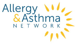 Logo for the Allergy & Asthma Network. The text is in blue, with an ampersand in yellow. A sunburst design composed of yellow rays is on the right side of the text.