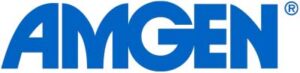 Blue text logo of the company "AMGEN" with a registered trademark symbol in the upper right corner. The lettering is bold and in uppercase.