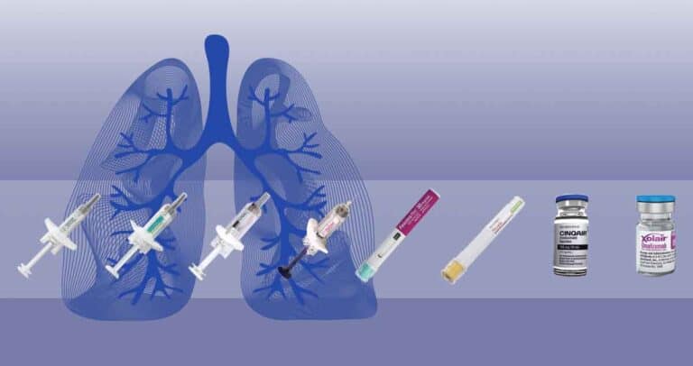 An illustration of human lungs with various medical syringes, inhalers, and biologics alongside labeled medication vials on the right. The background features a soothing gradient of blue and gray.