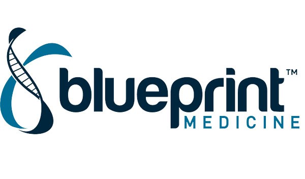 Logo of Blueprint Medicine featuring a stylized DNA helix integrated into the letter "b" of the word "blueprint" and the word "MEDICINE" in smaller font below. The design uses shades of blue.