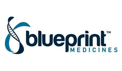 Logo of Blueprint Medicines, featuring a stylized DNA strand on the left and the company name in dark blue text.