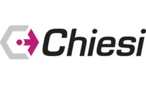 The image shows the Chiesi logo, featuring a stylized hexagonal shape with an arrow and dot in pink, next to the text "Chiesi" in bold black letters.