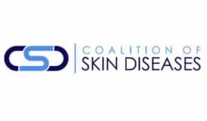 Logo of the "Coalition of Skin Diseases" featuring stylized blue letters "CSD" on the left, followed by the organization’s name in uppercase letters on a white background.