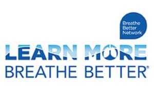 Logo featuring the text "LEARN MORE BREATHE BETTER" in blue, with stylized lungs forming the "O" in "MORE." In the top right corner, a blue speech bubble contains the words "Breathe Better Network.