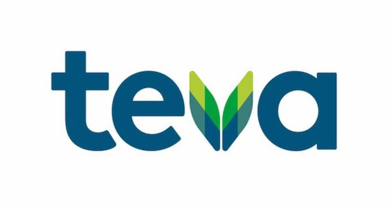 The image shows the Teva logo with the word "teva" in lowercase blue letters. The letter "v" is stylized with green and blue leaves forming its shape.