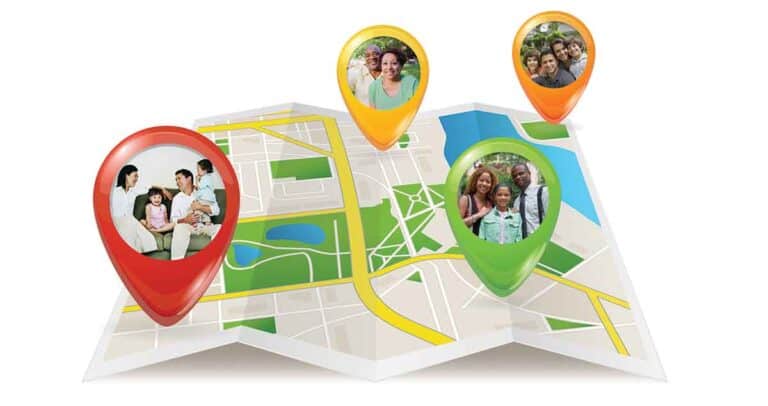 A digital map with three colorful location markers, each displaying a photo of a family. The map features roads, green spaces, and a body of water, suggesting a residential or city area.