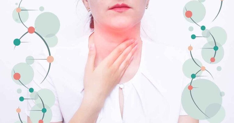 A woman in a white shirt holds her throat, which is highlighted in red, indicating discomfort or pain. Abstract circular and line patterns are on both sides of the image.