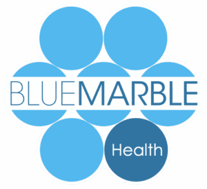 Blue Marble Health logo featuring seven overlapping blue circles forming a flower shape, with "BLUEMARBLE" written in the center and "Health" in a darker blue circle at the bottom right.