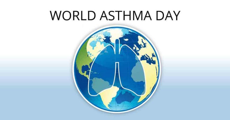 A graphic of the Earth with an outline of human lungs over it, symbolizing lung health, and the text "World Asthma Day" above the image.