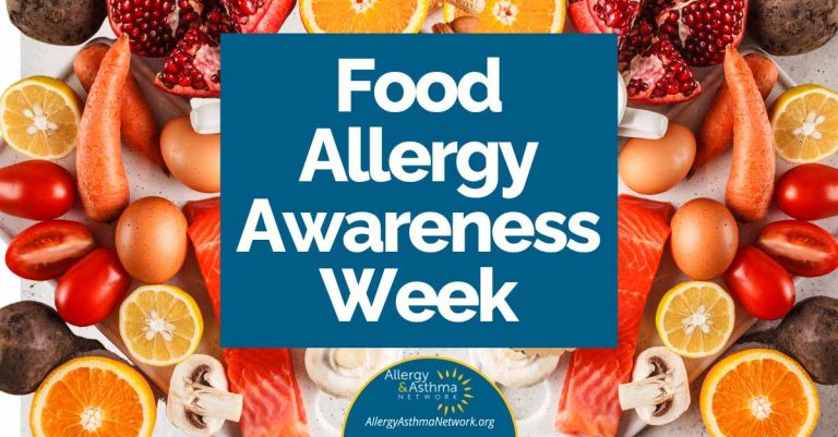 A blue box with “Food Allergy Awareness Week” written in white text, surrounded by common allergenic foods like eggs, fish, nuts, tomatoes, citrus, mushrooms, and pomegranate halves. Allergy & Asthma Network logo appears below.