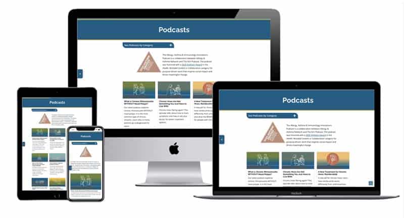 A podcasts webpage is displayed on various devices, including a smartphone, tablet, laptop, and desktop monitor, demonstrating a responsive website design with blue headers and text content.