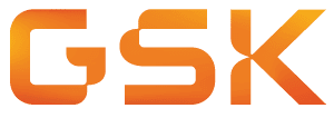 The image shows the letters "GSK" in a bold, modern font with a gradient color scheme that transitions from orange to yellow. The background is transparent.