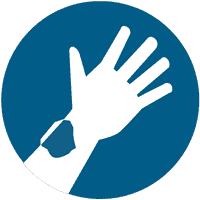 White silhouette of a hand and forearm wearing a protective glove, on a blue circular background.