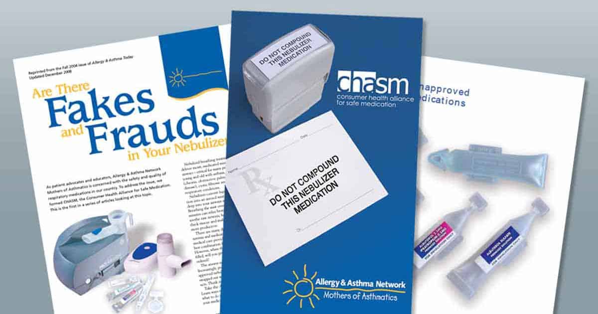 A collage of brochures about nebulizer medication safety, including headlines like “Are There Fakes and Frauds in Your Nebulizer?” and advice to avoid compounded medication, with images of medical devices and inhaler vials.