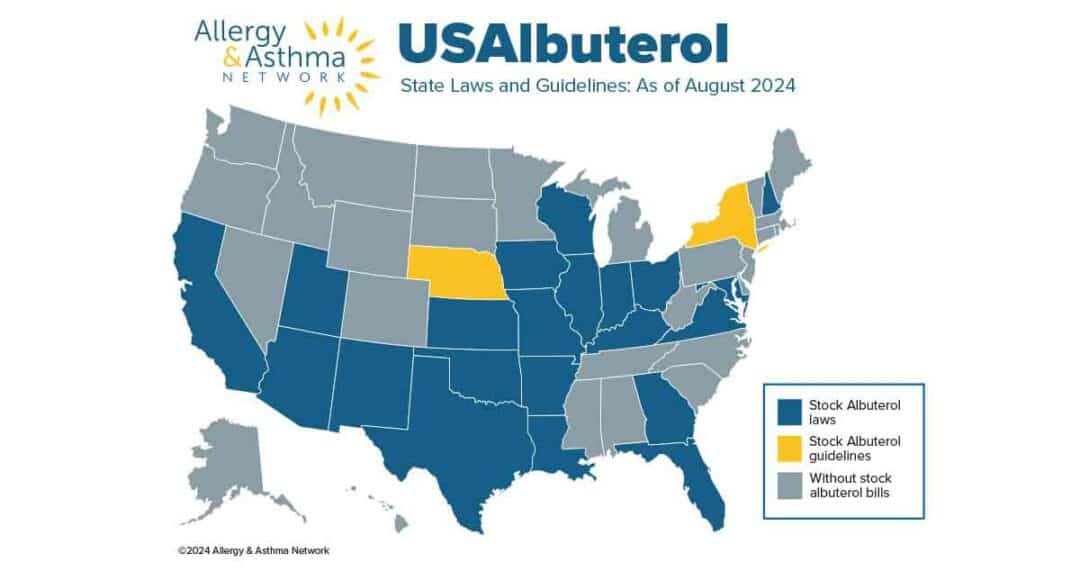 Map of the U.S. showing state laws on stock albuterol as of August 2024: most states have laws (blue), some have guidelines only (yellow), and a few have neither laws nor guidelines (gray).