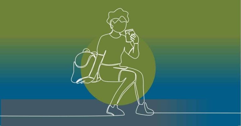 Line drawing of a person with short hair sitting on a surface, holding a phone in one hand and resting the other on a backpack. The background features green and blue gradient tones with a circular shape behind.