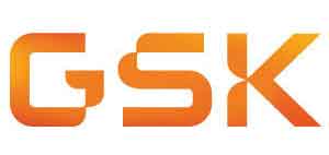 The image shows the letters "GSK" in a bold, modern, orange gradient font on a white background.