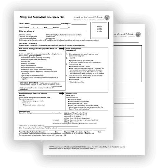 A printed Allergy and Anaphylaxis Emergency Plan form from the American Academy of Pediatrics, with checkboxes, instructions, and space for a child’s photo and personal info—ideal for managing infant anaphylaxis. Another blank form is partially visible underneath.