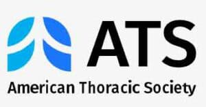 The logo of the American Thoracic Society features a blue abstract lung design to the left of the bold black letters "ATS," with "American Thoracic Society" written underneath in black.