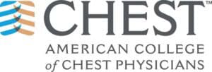 Logo for the American College of Chest Physicians (CHEST), featuring a blue and orange abstract design on the left, with the words "CHEST American College of Chest Physicians" in gray text to the right.