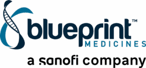 Logo for Blueprint Medicines, featuring a stylized DNA strand next to the company name, with the text “a Sanofi company” underneath.