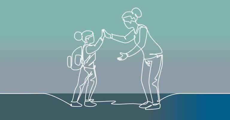 A simple line drawing of an adult and a child giving each other a high five. The child wears a backpack, and both figures stand against a blue and green gradient background.