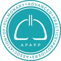 Teal circular logo with a simple white outline of lungs in the center and “APAPP” below. Outer ring reads: "ASSOCIATION OF PULMONARY ADVANCED PRACTICE PROVIDERS.