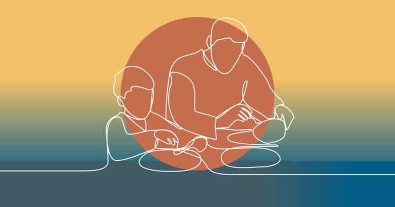 A minimalist line drawing of an adult and a child eating together, set against a background with a large red circle and soft yellow, orange, and teal gradient colors.
