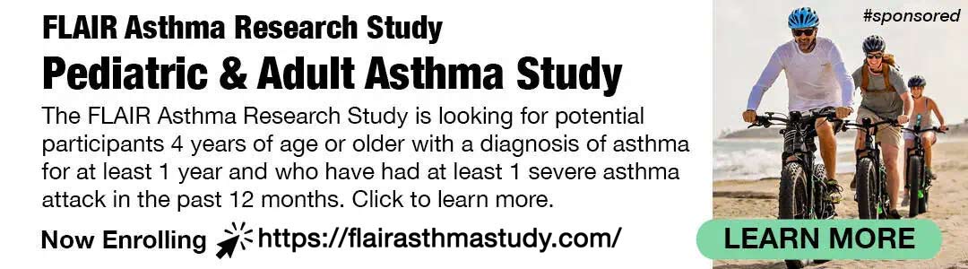 Advertisement for the FLAIR Asthma Research Study, seeking children and adults with asthma. Shows a man and two children riding bikes outdoors. Includes a “LEARN MORE” button and website link for more information.