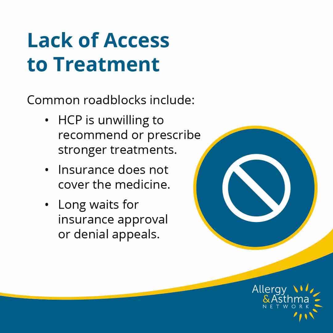 Hives on Black Skin and Other Skin of Color 46 Infographic titled “Lack of Access to Treatment” listing roadblocks: providers not prescribing stronger treatments, lack of insurance coverage, and long waits for approval. Includes a blue prohibition symbol and Allergy & Asthma Network logo.