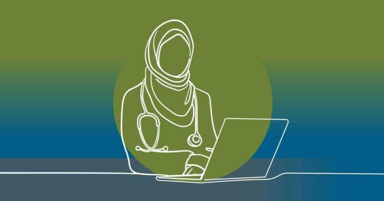 Line drawing of a woman in a hijab with a stethoscope around her neck, working on a laptop, against a green and blue gradient background.