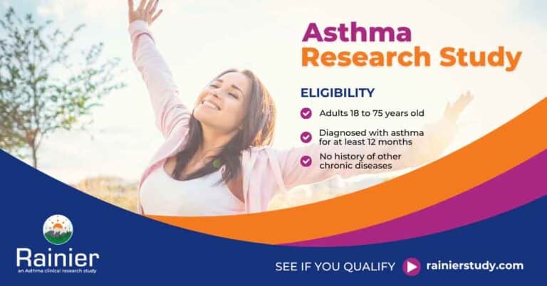 A smiling woman stands outdoors with arms raised. Text reads: “Asthma Research Study. Eligibility: Adults 18–75, asthma for at least 12 months, no other chronic diseases.” Rainier Study logo and website appear at the bottom.
