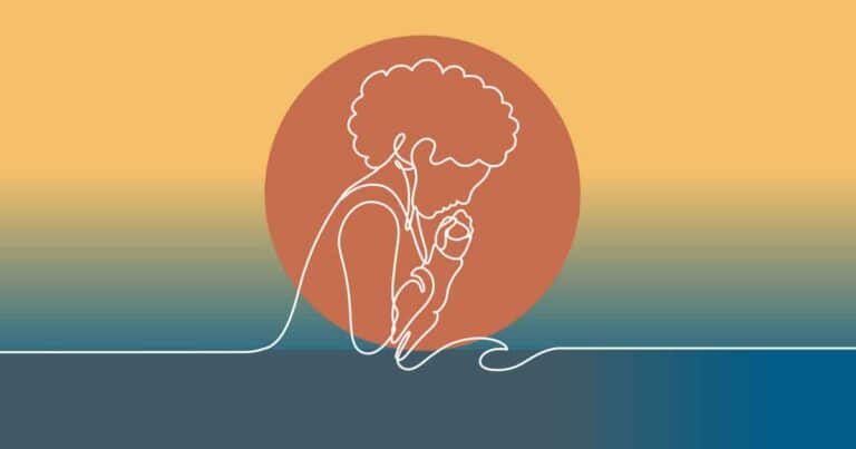 Minimalist line drawing of a person with curly hair, listening to music with earphones, set against a sunset-colored, circular background with blue gradient at the bottom.