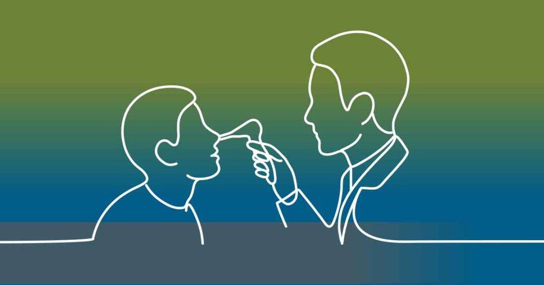 A simple line drawing shows a person in a suit administering a nasal swab test to another person against a blue and green gradient background.