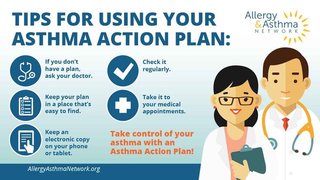 Infographic with tips for using an asthma action plan, featuring a female doctor and male nurse. Includes advice to ask your doctor, keep your plan handy, check it regularly, and take it to appointments. Allergy & Asthma Network logo shown.