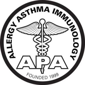 Black and white circular logo with a caduceus symbol in the center, surrounded by the words "Allergy Asthma Immunology APA" and "Founded 1999" at the bottom.