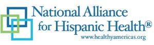 Logo of the National Alliance for Hispanic Health with overlapping green and blue squares and the website www.healthyamericas.org written below the organization's name.