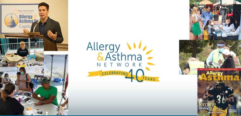 A collage celebrating 40 years of the Allergy & Asthma Network, featuring people speaking, educating, and providing allergy and asthma support, with the organization's logo in the center.