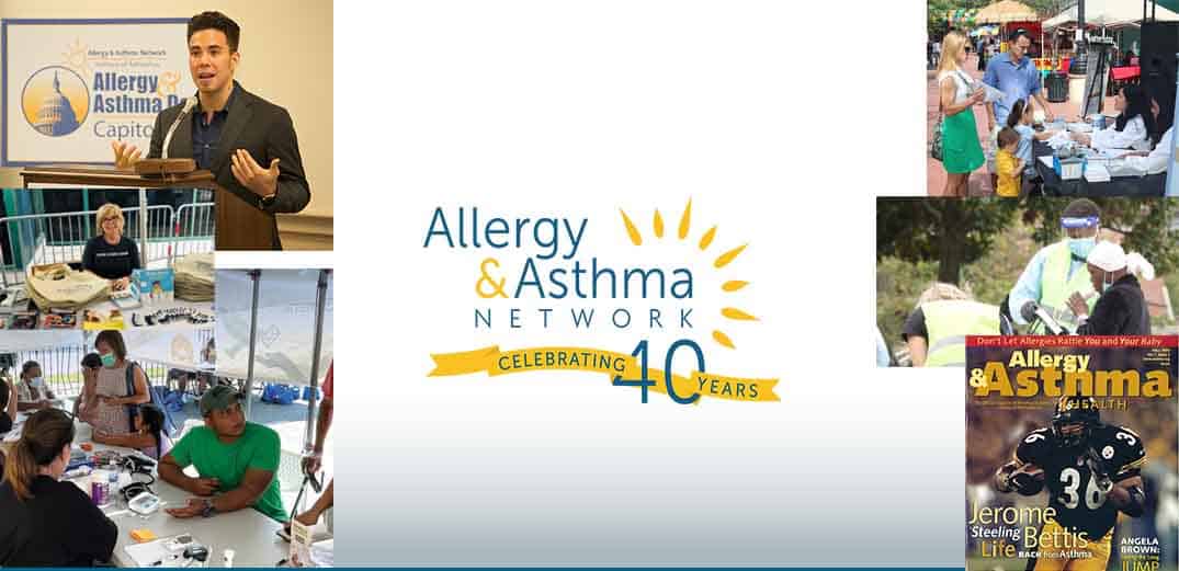 A collage celebrating 40 years of the Allergy & Asthma Network, featuring people speaking, educating, and providing allergy and asthma support, with the organization's logo in the center.