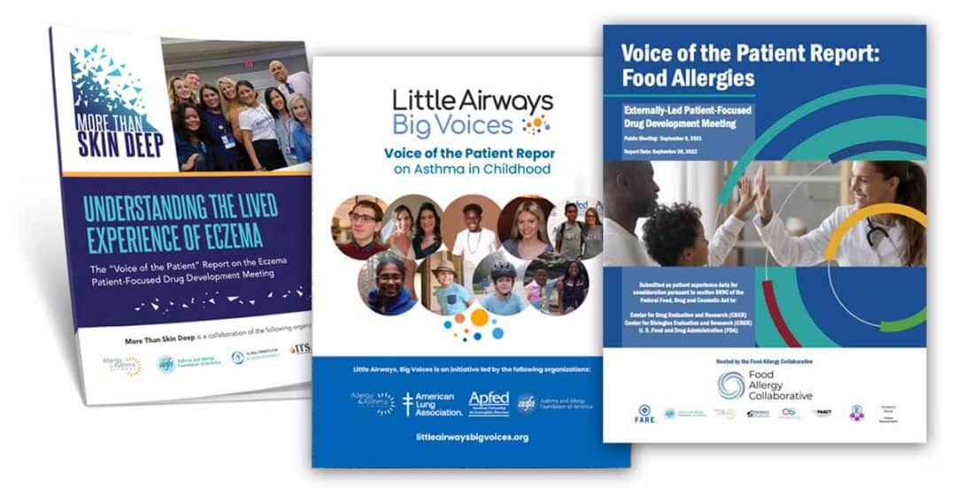 Three posters are shown: one on eczema, one on childhood asthma, and one on food allergies. Each features diverse people and promotes "Voice of the Patient" reports about their health experiences.