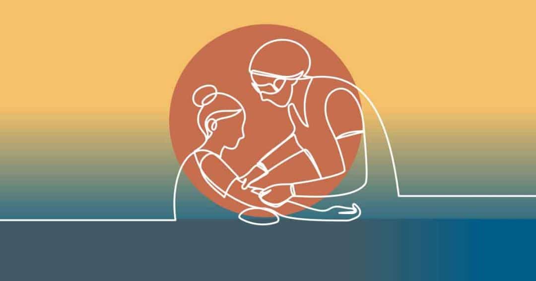 Minimalist line drawing of a healthcare worker administering a vaccine to a seated person, set against a gradient background with a warm circular shape behind them.