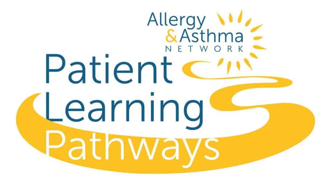 Logo for Allergy & Asthma Network’s Patient Learning Pathways, featuring a yellow pathway and stylized sun, with the program name in blue and yellow text.