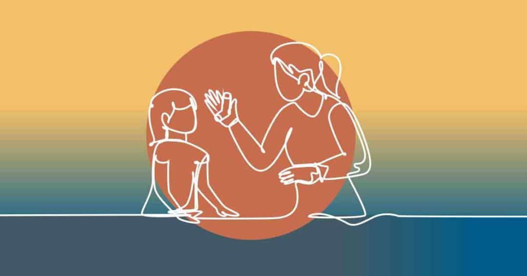 A minimalist line drawing of an adult and a child sitting together, with the adult raising a hand and the child looking on, set against a warm gradient background with a large orange circle.