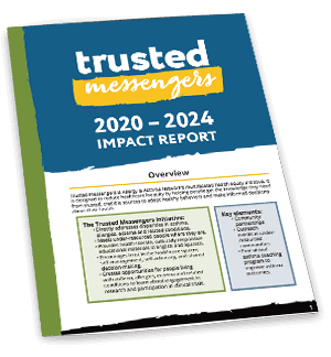 A pamphlet titled "trusted messengers 2020–2024 Impact Report" is shown on a white surface, with sections for an overview, initiative details, and key information visible on the cover.